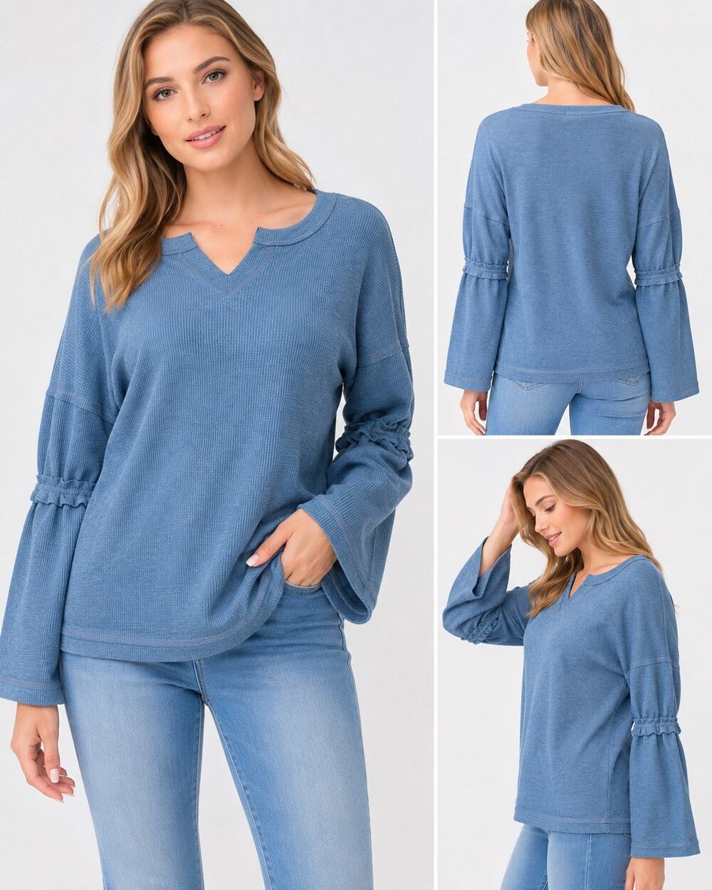 BAEA Blue Thermal Flare Sleeve Top Size Medium NWT Textured Ruffle Bell Sleeve